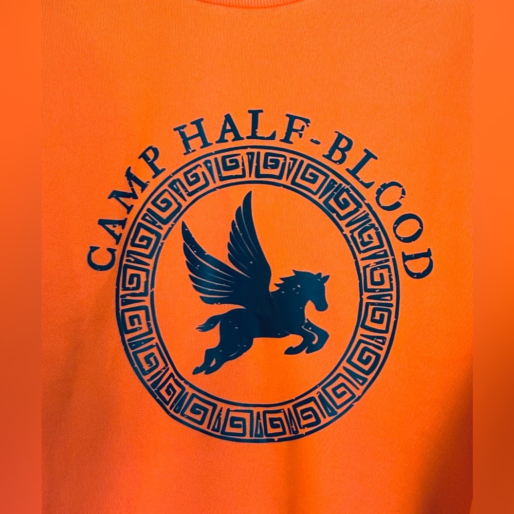 Percy Jackson Neon Safety Orange Crewneck Sweatshirt CAMP HALF-BLOOD Sz L NWOT - Picture 2 of 4